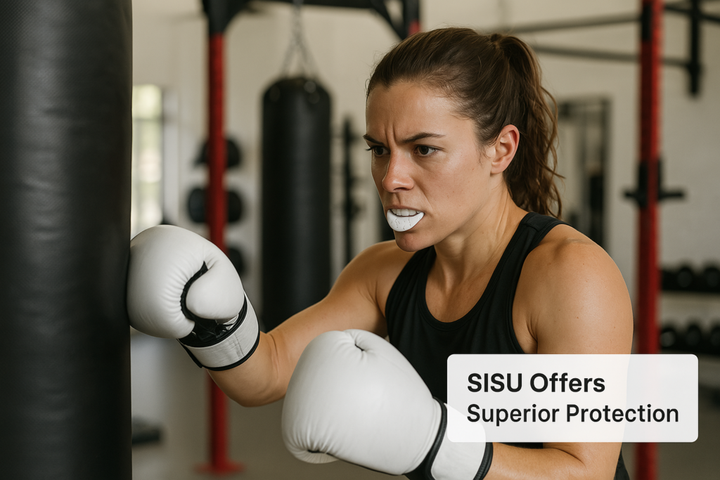 Athlete using SISU Mouthguard during boxing.