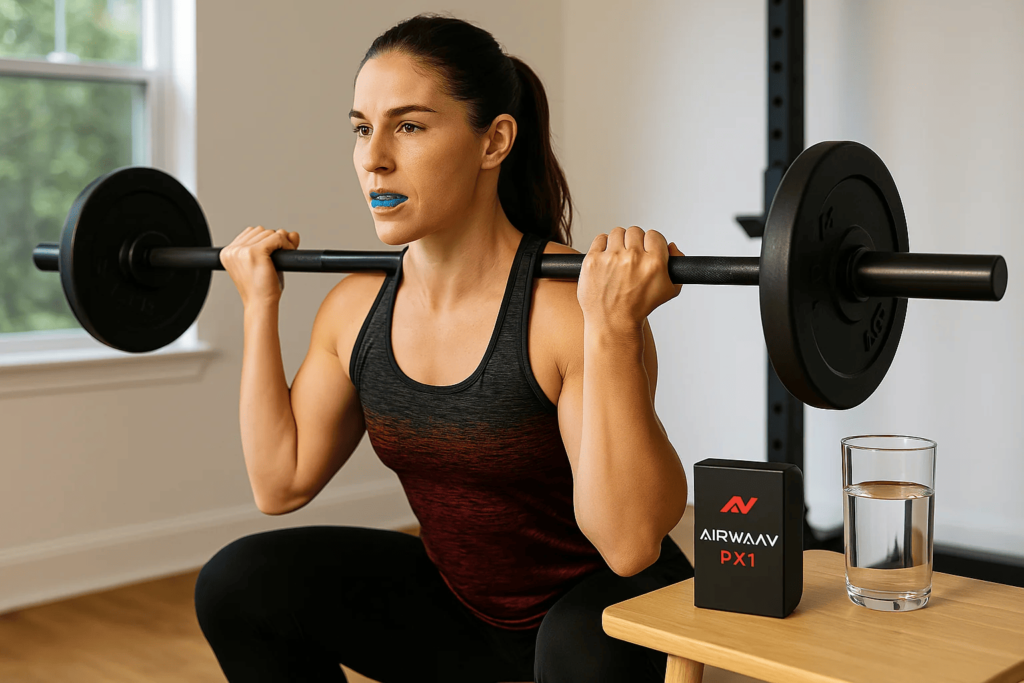Athlete using Airwaav Mouthguard in a home gym