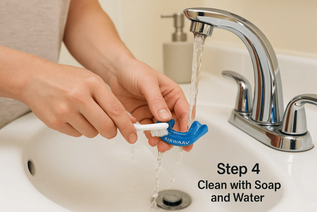 Cleaning Airwaav Mouthguard with soap and water.