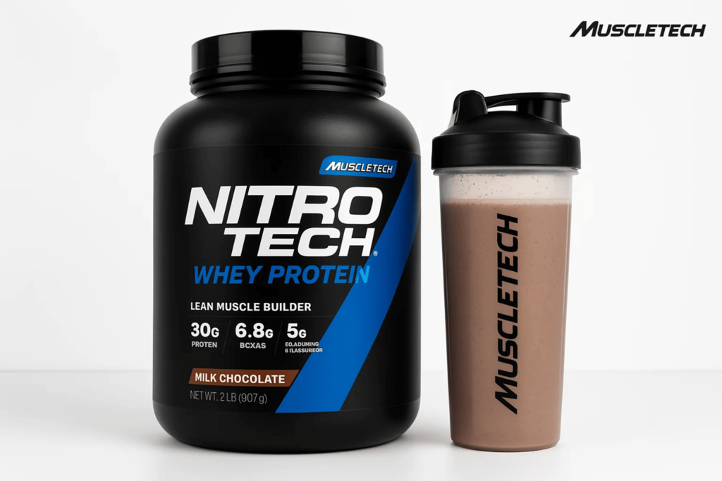 MuscleTech Nitro-Tech Whey Protein powder.
