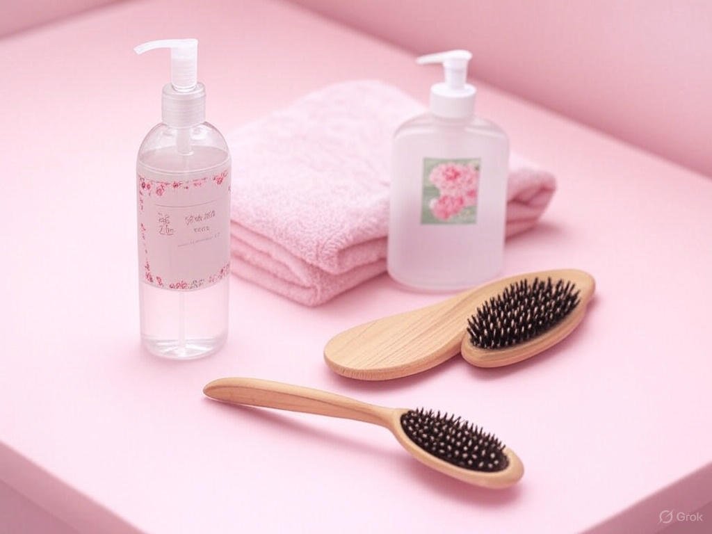 Flat-lay of a haircare routine setup with shampoo, conditioner, hairbrush, and towel on a pastel pink surface.