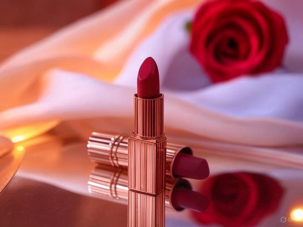 Close-up of Charlotte Tilbury Matte Revolution Lipstick, the best lipstick for long wear, on a mirrored surface with a silk scarf.