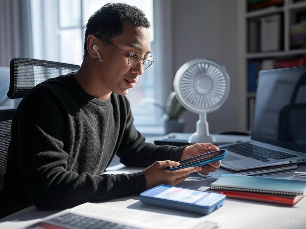 Wireless charger and portable fan on a desk with a smartphone and earbuds.