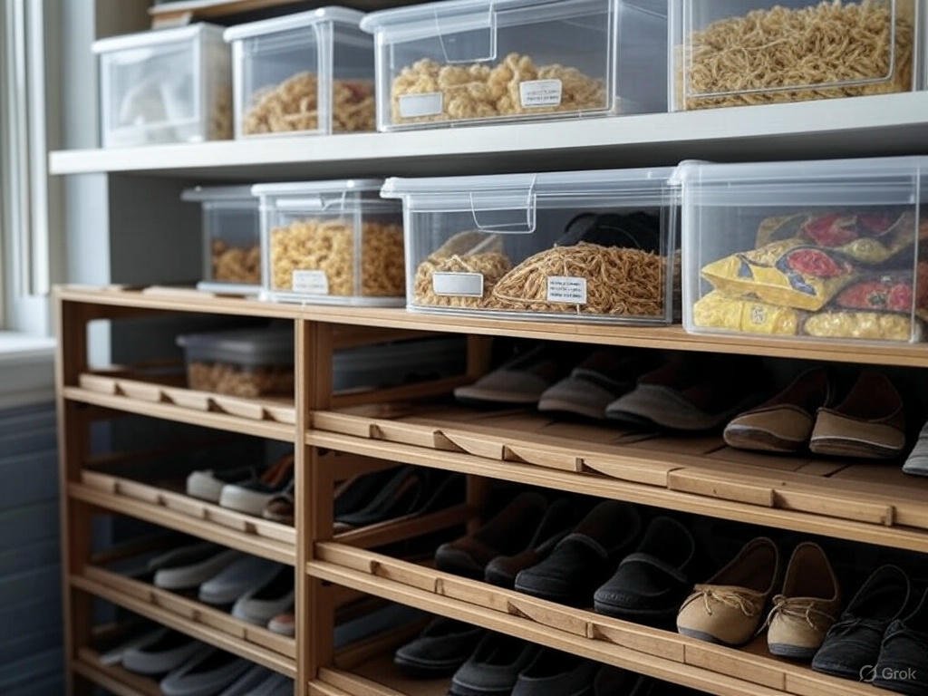 Pantry shelf with labeled storage bins and a stackable shoe rack for organization.