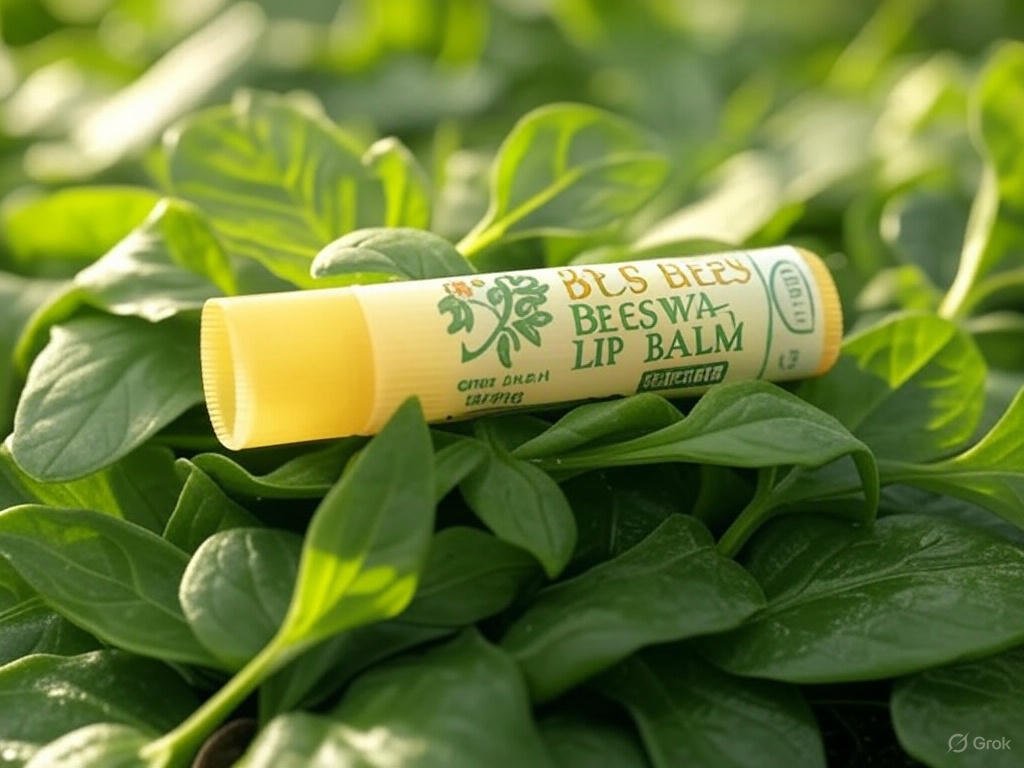 Close-up of Burt’s Bees Beeswax Lip Balm, the best organic lip balm, on green leaves with a honeycomb background.