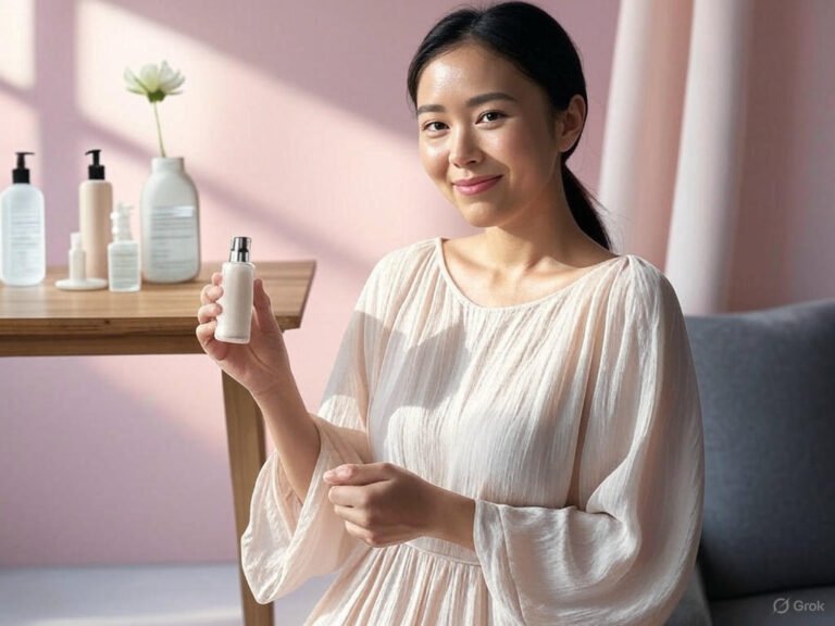 A woman with glowing skin holding a moisturizer bottle, surrounded by skincare products and a fresh flower against a pastel background.