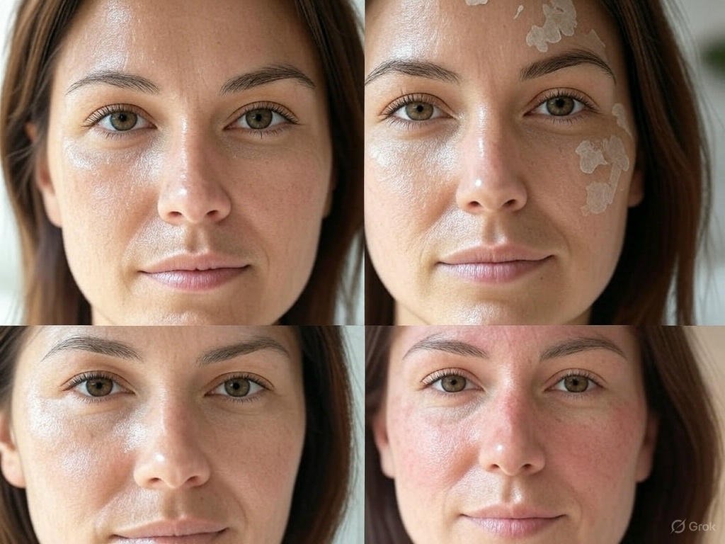 A close-up of a woman’s face divided into four quadrants, showing oily, dry, combination, and sensitive skin types with natural lighting.

Caption: Identify your skin type to choose the best products for your skincare routine.